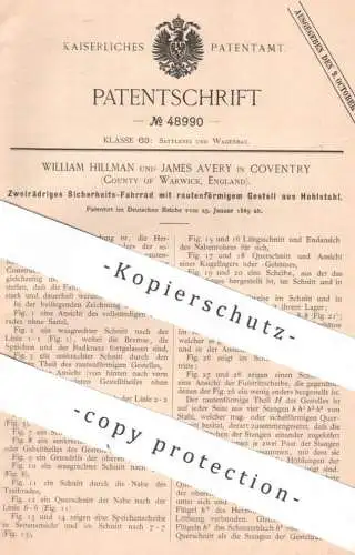 original Patent - William Hillmann & James Avery , Coventry , Warwick | 1889 | Stahlrahmen - Fahrrad | bicycle Fahrräder