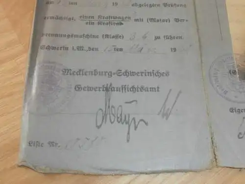 alter Führerschein / Ausweis , 1928 , Johannes Rohde in Parchim / Warnemünde , Dipl.Ing. Schwier in Rostock , Schwerin !