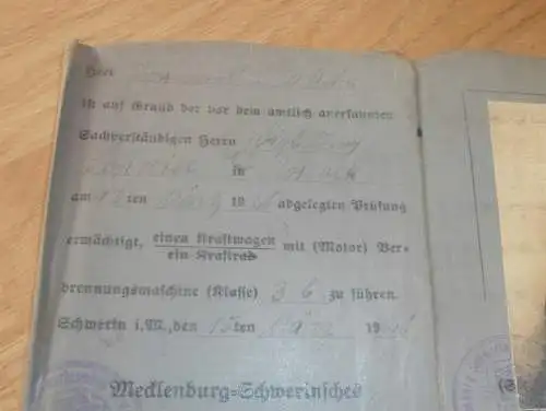 alter Führerschein / Ausweis , 1928 , Johannes Rohde in Parchim / Warnemünde , Dipl.Ing. Schwier in Rostock , Schwerin !