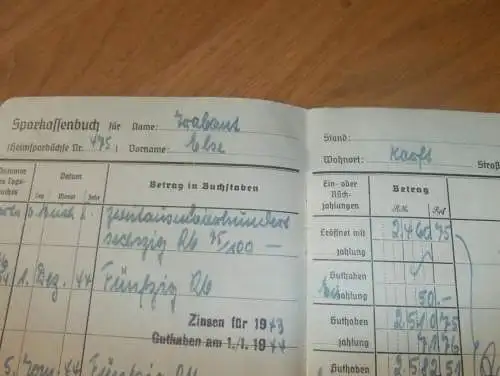 altes Sparbuch Wittenburg, 1944 - 1945 , Elsa Trabant in Karft b. Wittenburg i. Mecklenburg , Sparkasse , Bank !!