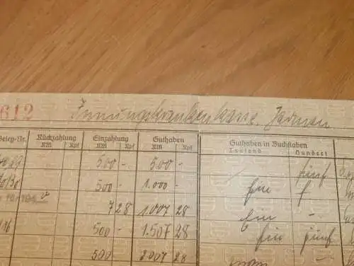 altes Sparbuch Jarmen , 1940 - 1944 , Innungskrankenkasse in Jarmen i. Mecklenburg , IKK , Sparkasse , Bank !!