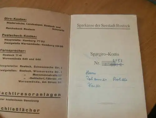altes Sparbuch Rostock , 1952 , Johannes Rohde in Rostock Warnemünde , Mecklenburg , Sparkasse , Bank !!