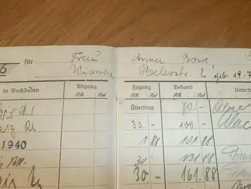 altes Sparbuch Wismar , 1940 - 1946 , Anna Bowe in Wismar i. Mecklenburg , Sparkasse , Bank !!