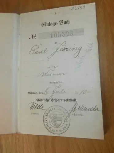 altes Sparbuch Wismar , 1910 - 1946 , Paul Jehring in Wismar i. Mecklenburg , Sparkasse , Bank !!