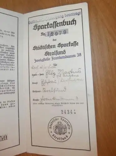 altes Sparbuch Stralsund , 1941 - 25.April 1945 , Ella Martens in Stralsund i. Mecklenburg , Sparkasse , Bank !!