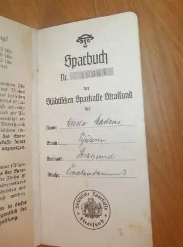 altes Sparbuch Stralsund , 1937 - 25.April 1945 , Gisela Martens in Stralsund i. Mecklenburg , Sparkasse , Bank !!