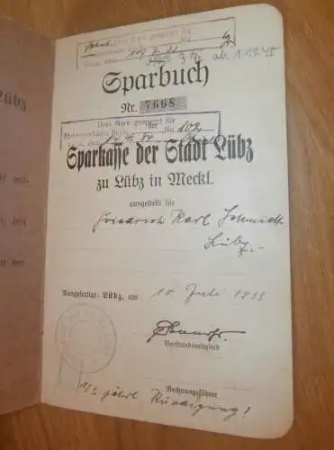 altes Sparbuch Lübz , 1933 - 1944  , Friedrich Karl Schmidt in Lübz i. Mecklenburg , Sparkasse , Bank !!