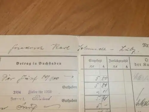altes Sparbuch Lübz , 1933 - 1944  , Friedrich Karl Schmidt in Lübz i. Mecklenburg , Sparkasse , Bank !!