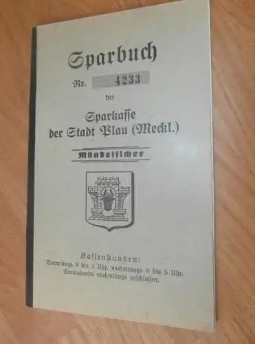 altes Sparbuch Plau , 1938 - 1943 , Gendarmerie Hauptwachtmeister Erwin Spalkhaver in Plau i. Mecklenburg , Sparkasse