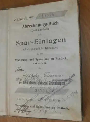 altes Sparbuch Rostock , 1934 - 1945 , Wilhelm Tiemeier in Rostock i. Mecklenburg , Sparkasse , Bank !!