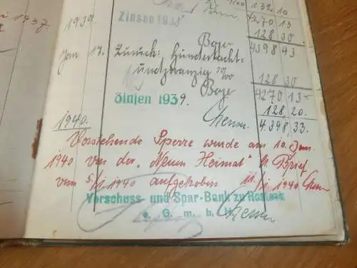 altes Sparbuch Rostock , 1934 - 1945 , Wilhelm Tiemeier in Rostock i. Mecklenburg , Sparkasse , Bank !!