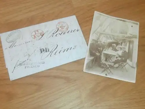 altes Dokument / Brief mit Foto , Sankt Petersburg - Reims 1849 , Seefahrt , Schiff , Post , viele Stempel , Russland !!