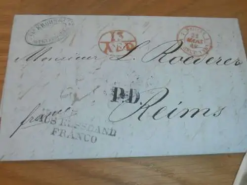 altes Dokument / Brief mit Foto , Sankt Petersburg - Reims 1849 , Seefahrt , Schiff , Post , viele Stempel , Russland !!