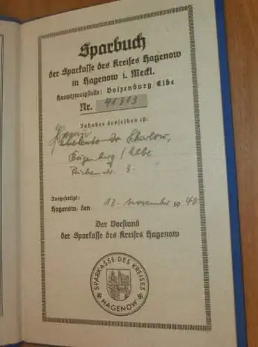 altes Sparbuch Hagenow , 1940 - 1944 , Dr. Scharlow in Boizenburg a. Elbe i. Mecklenburg , NSDAP , Sparkasse , Bank !!