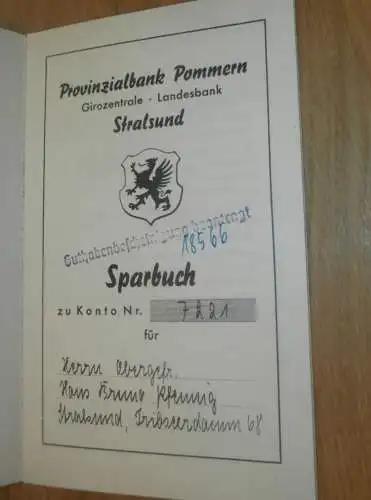 altes Sparbuch Stettin , 1942 - 1945 , Hans Bruno Pfennig in Stralsund i. Mecklenburg , Sparkasse , Bank !!