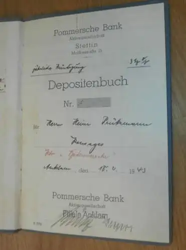altes Sparbuch Stettin , 1943 , Heinz Prützmann in Anklam i. Mecklenburg , Sparkasse