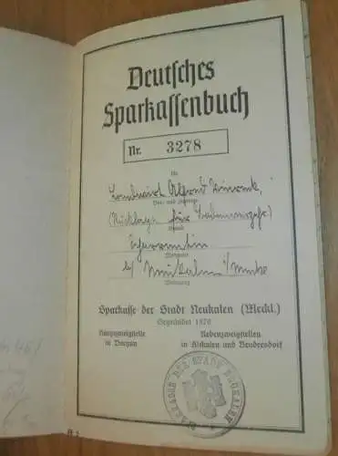 altes Sparbuch Neukalen , 1942 - 1944 , Landwirt Alfred Viereck in Schorrentin b. Neukalen i. Mecklenburg , Sparkasse