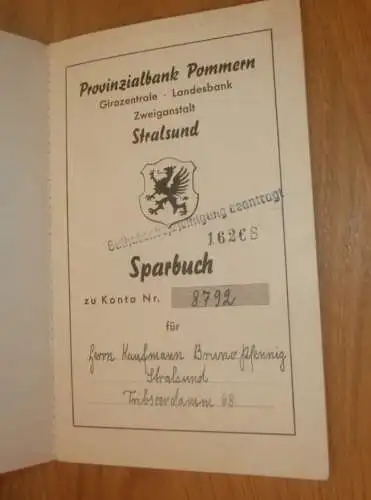 altes Sparbuch Stralsund , 1940 - 1943 , Kaufmann Bruno Pfennig in Stralsund i. Mecklenburg , Sparkasse , Bank !!