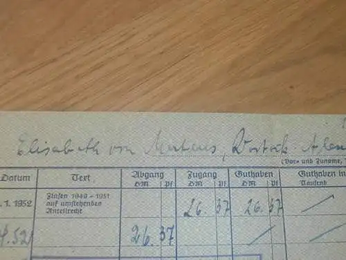 altes Sparbuch Rostock , 1952 - 1955 , Elisabeth von Mertens in Rostock i. Mecklenburg , Sparkasse , Bank !!