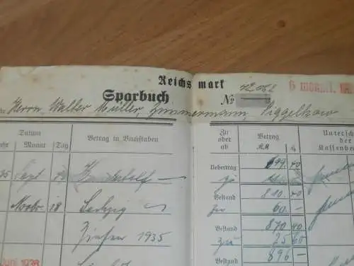 altes Sparbuch Parchim , 1933 - 1947 , Zimmermann Walter Müller in Siggelkow i. Mecklenburg , Sparkasse