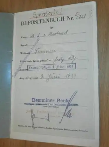 altes Sparbuch Demmin , 1939 - 1944 , L. von Mertens in Demmin i. Mecklenburg , Sparkasse