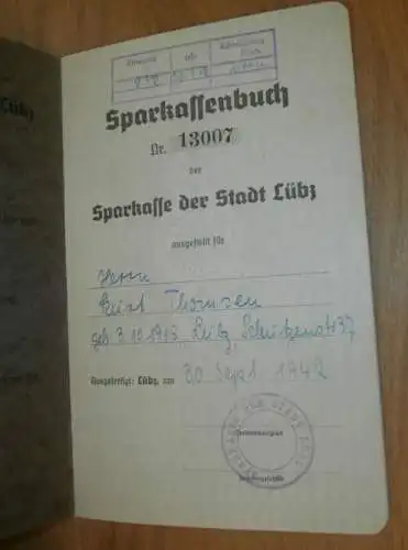altes Sparbuch Lübz , 1942 - 1944 , Kurt Thomsen in Lübz i. Mecklenburg , Sparkasse