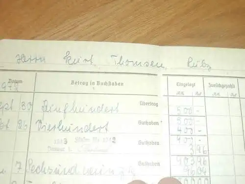 altes Sparbuch Lübz , 1942 - 1944 , Kurt Thomsen in Lübz i. Mecklenburg , Sparkasse