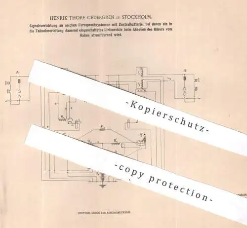original Patent - Henrik Thore Cedergren , Stockholm , Schweden , 1901 , Signal an Fernsprechsystem | Telefon , Relais