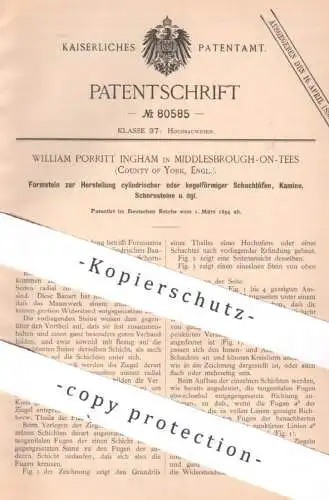 original Patent - William Porritt Ingham , Middlesbrough , York , England | 1894 | Formstein für Kamin , Schornstein