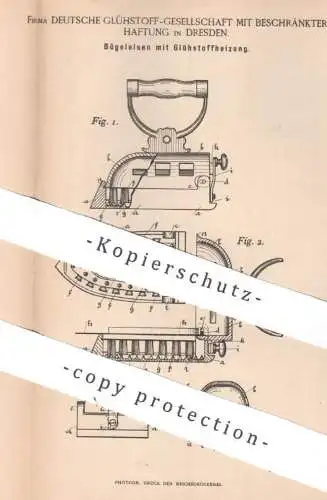original Patent - Deutsche Glühstoff GmbH Dresden | 1893 | Bügeleisen mit Glühstoffheizung