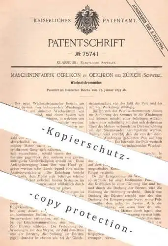 original Patent - Maschinenfabrik Oerlikon | Zürich , Schweiz | 1893 | Wechselstrommotor | Strom , Elektrik , Magnet