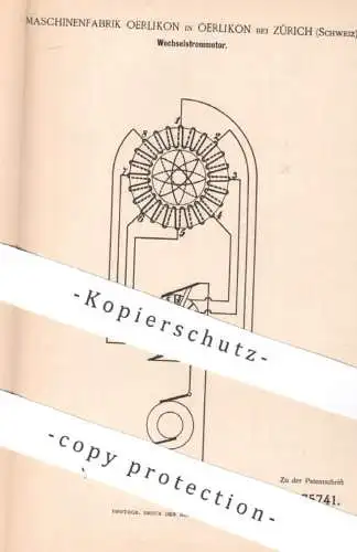 original Patent - Maschinenfabrik Oerlikon | Zürich , Schweiz | 1893 | Wechselstrommotor | Strom , Elektrik , Magnet
