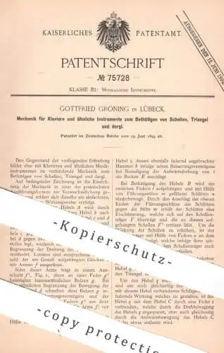 original Patent - Gottfried Gröning , Lübeck , 1893 , Klavier - Mechanik | Piano , Musik - Instrument , Triangel