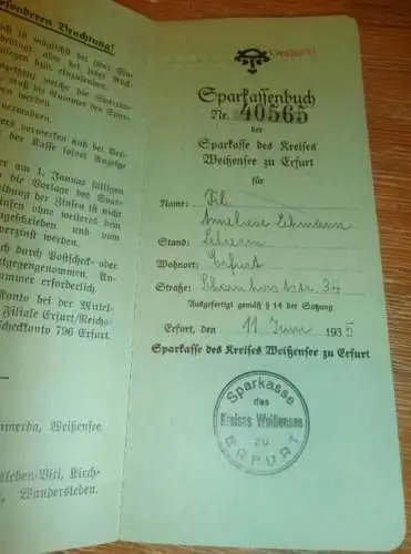 altes Sparbuch Weißensee / Erfurt , 1935 - 1945 , Anneliese Lehmann in Erfurt , Sparkasse , Bank !!!