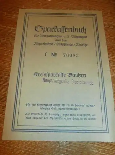altes Sparbuch Bautzen / Bischofswerda , 1952 - 1958 , Charlotte Metzig in Bischofswerda , Sparkasse , Bank !!!