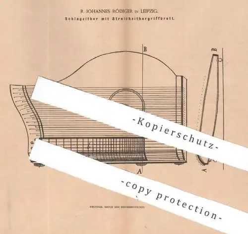 original Patent - R. Johannes Rödiger , Leipzig , 1885 , Schlagzitter | Zitter , Musikinstrument , Musik , Streichzitter