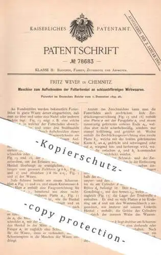 original Patent - Fritz Wever , Chemnitz , 1893 , Schneidmaschine für Webstuhl , Wirkware | Schere , Nadel , Weben