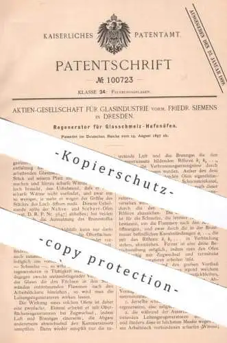original Patent - AG Glasindustrie vorm. Friedr. Siemens , Dresden | 1897 | Regenerator für Glasschmelz Hafenofen | Ofen
