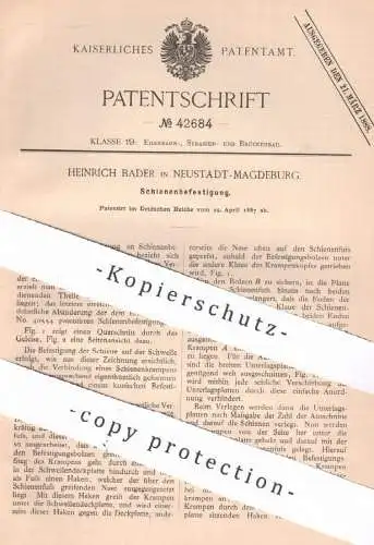 original Patent - Heinrich Bader , Magdeburg / Neustadt , 1887 , Schienenbefestigung | Eisenbahn - Schienen !!