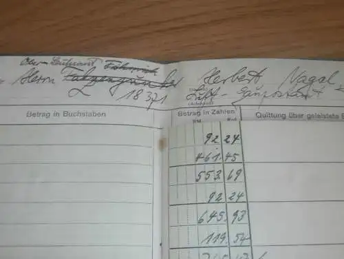 altes Sparbuch Potsdam,  1941 - 1943 , Leutnant Herbert Nagel , Luft-Gaupostamt , Sparkasse , Bank !!