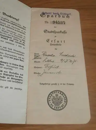 altes Sparbuch Erfurt , 1937 - 1945 , Friedrich Rasche , Jenaer Straße , Sparkasse , Bank !!!