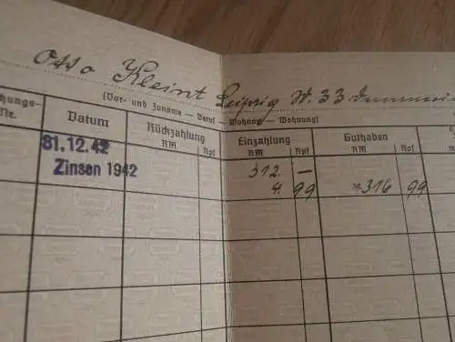 altes Sparbuch Leipzig , 1942 , Otto Kleint , Sparkasse , Bank !!!