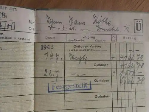 altes Sparbuch Dresden, 1943 , Hans Köthe , Bruchstrasse , Sparkasse , Bank !!!