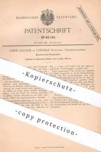 original Patent - John Alcock , Cheadle , Stafford , England , 1888 , Sicherheitsnadel | Nadel , Nadeln | Schneider