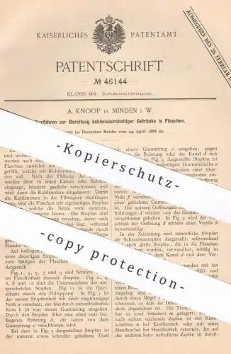 original Patent - A. Knoop , Minden , 1888 , kohlensäurehaltige Getränke in Flaschen | Bier , Limonade !!