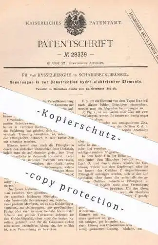 original Patent - Fr. van Rysselberghe , Schaerbeck Brüssel 1883 , Konstruktion hydro elektrischer Elemente | Elektrode