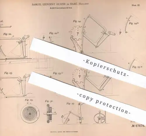 original Patent - Samuel Leendert Huizer , Haag , Holland 1892 , Additionsmaschine | Zählwerk , Rechner , Rechenmaschine