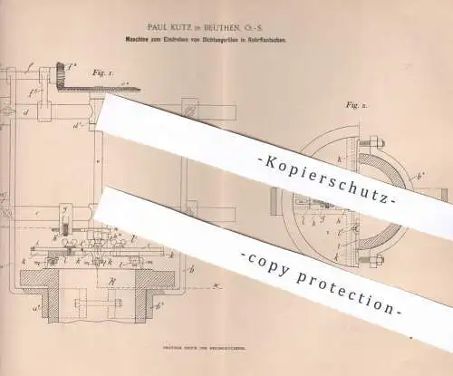 original Patent - Paul Kutz , Beuthen , O.-S. , 1896 , Maschine zum Eindrehen von Dichtungsrillen in Rohrflantschen !!