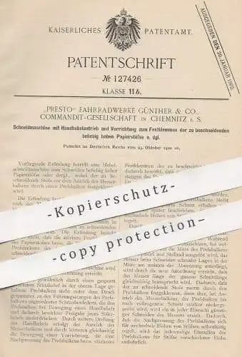 original Patent - Presto Fahrradwerke Günther & Co. KG , Chemnitz , 1900 , Papier - Schneidmaschine mit Handhebel !!
