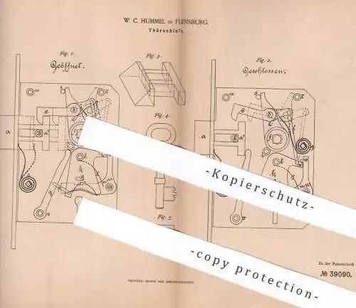 original Patent - W. C. Hummel , Flensburg , 1886 , Türschloss | Schloss , Tür , Türen | Schlosser , Schloß
